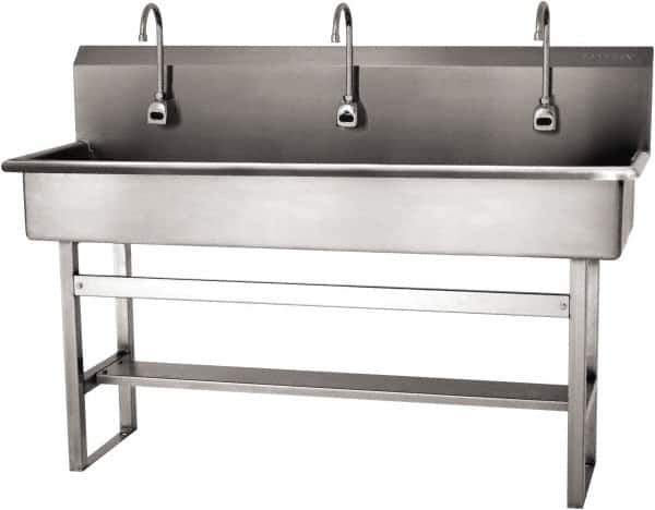 SANI-LAV - 57" Long x 16-1/2" Wide Inside, 1 Compartment, Grade 304 Stainless Steel (4) Person Wash-Station with Electronic Faucet - 16 Gauge, 60" Long x 20" Wide x 45" High Outside, 8" Deep - Exact Tool & Supply