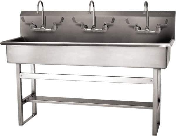 SANI-LAV - 57" Long x 16-1/2" Wide Inside, 1 Compartment, Grade 304 Stainless Steel (4) Person Wash-Station with Manual Faucet - 16 Gauge, 60" Long x 20" Wide x 45" High Outside, 8" Deep - Exact Tool & Supply