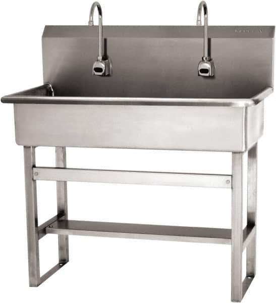 SANI-LAV - 37" Long x 16-1/2" Wide Inside, 1 Compartment, Grade 304 Stainless Steel (3) Person Wash-Station with Electronic Faucet - 16 Gauge, 40" Long x 20" Wide x 45" High Outside, 8" Deep - Exact Tool & Supply