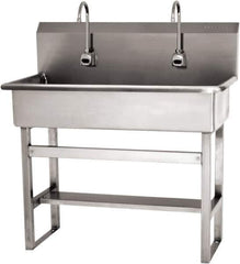 SANI-LAV - 37" Long x 16-1/2" Wide Inside, 1 Compartment, Grade 304 Stainless Steel (3) Person Wash-Station with Electronic Faucet - 16 Gauge, 40" Long x 20" Wide x 45" High Outside, 8" Deep - Exact Tool & Supply