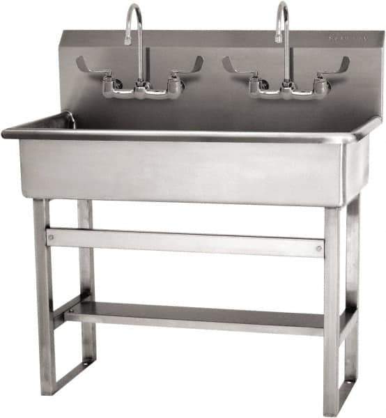 SANI-LAV - 37" Long x 16-1/2" Wide Inside, 1 Compartment, Grade 304 Stainless Steel (3) Person Wash-Station with Manual Faucet - 16 Gauge, 40" Long x 20" Wide x 45" High Outside, 8" Deep - Exact Tool & Supply