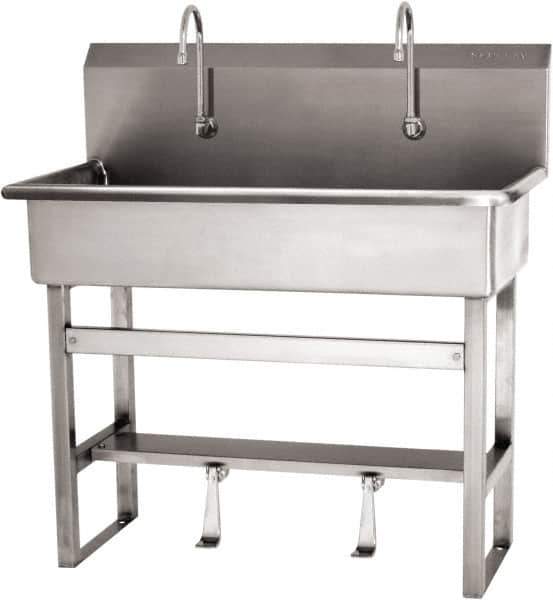 SANI-LAV - 37" Long x 16-1/2" Wide Inside, 1 Compartment, Grade 304 Stainless Steel (3) Person Wash-Station with Single Foot Valves - 16 Gauge, 40" Long x 20" Wide x 45" High Outside, 8" Deep - Exact Tool & Supply