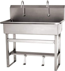 SANI-LAV - 37" Long x 16-1/2" Wide Inside, 1 Compartment, Grade 304 Stainless Steel (3) Person Wash-Station with Single Foot Valves - 16 Gauge, 40" Long x 20" Wide x 45" High Outside, 8" Deep - Exact Tool & Supply