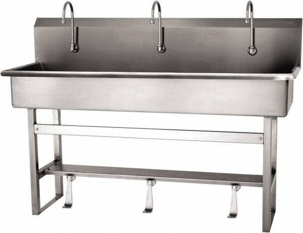 SANI-LAV - 57" Long x 16-1/2" Wide Inside, 1 Compartment, Grade 304 Stainless Steel (4) Person Wash-Station with Single Foot Valves - 16 Gauge, 60" Long x 20" Wide x 45" High Outside, 8" Deep - Exact Tool & Supply