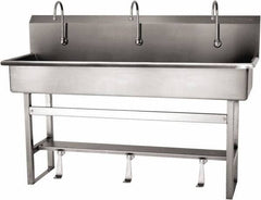 SANI-LAV - 57" Long x 16-1/2" Wide Inside, 1 Compartment, Grade 304 Stainless Steel (4) Person Wash-Station with Single Foot Valves - 16 Gauge, 60" Long x 20" Wide x 45" High Outside, 8" Deep - Exact Tool & Supply