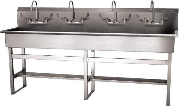 SANI-LAV - 77" Long x 16-1/2" Wide Inside, 1 Compartment, Grade 304 Stainless Steel (5) Person Wash-Station with Manual Faucet - 16 Gauge, 80" Long x 20" Wide x 45" High Outside, 8" Deep - Exact Tool & Supply