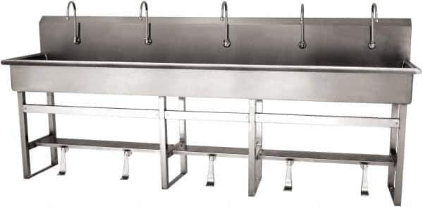 SANI-LAV - 97" Long x 16-1/2" Wide Inside, 1 Compartment, Grade 304 Stainless Steel (5) Person Wash-Station with Single Foot Valves - 16 Gauge, 100" Long x 20" Wide x 45" High Outside, 8" Deep - Exact Tool & Supply