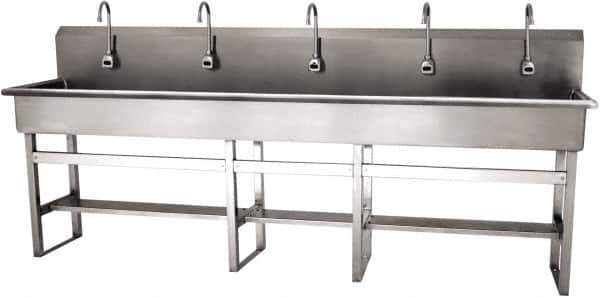 SANI-LAV - 97" Long x 16-1/2" Wide Inside, 1 Compartment, Grade 304 Stainless Steel (5) Person Wash-Station with Electronic Faucet - 16 Gauge, 100" Long x 20" Wide x 45" High Outside, 8" Deep - Exact Tool & Supply