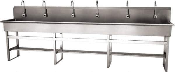 SANI-LAV - 117" Long x 16-1/2" Wide Inside, 1 Compartment, Grade 304 Stainless Steel (6) Person Wash-Station with Electronic Faucet - 16 Gauge, 120" Long x 20" Wide x 45" High Outside, 8" Deep - Exact Tool & Supply