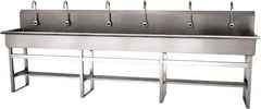 SANI-LAV - 117" Long x 16-1/2" Wide Inside, 1 Compartment, Grade 304 Stainless Steel (6) Person Wash-Station with Electronic Faucet - 16 Gauge, 120" Long x 20" Wide x 45" High Outside, 8" Deep - Exact Tool & Supply