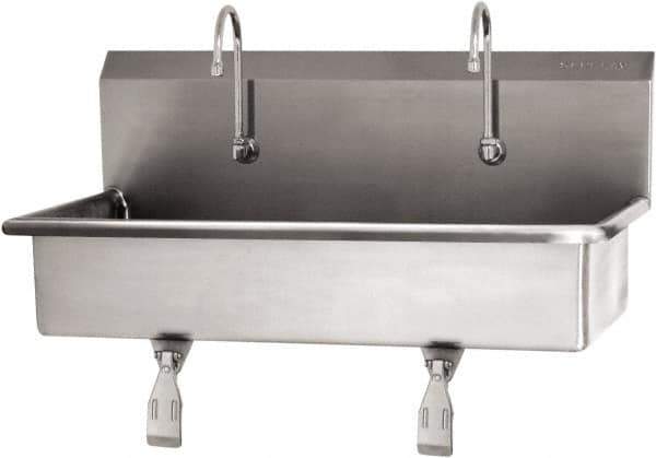 SANI-LAV - 37" Long x 16-1/2" Wide Inside, 1 Compartment, Grade 304 Stainless Steel (2) Person Wash-Station with Single Foot Valves - 16 Gauge, 40" Long x 20" Wide x 18" High Outside, 8" Deep - Exact Tool & Supply