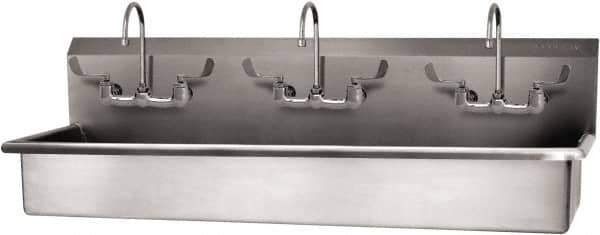 SANI-LAV - 57" Long x 16-1/2" Wide Inside, 1 Compartment, Grade 304 Stainless Steel (3) Person Wash-Station with Manual Faucet - 16 Gauge, 60" Long x 20" Wide x 18" High Outside, 8" Deep - Exact Tool & Supply