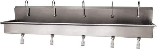 SANI-LAV - 97" Long x 16-1/2" Wide Inside, 1 Compartment, Grade 304 Stainless Steel (5) Person Wash-Station with Single Foot Valves - 16 Gauge, 100" Long x 20" Wide x 18" High Outside, 8" Deep - Exact Tool & Supply