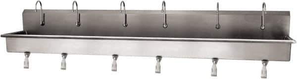 SANI-LAV - 117" Long x 16-1/2" Wide Inside, 1 Compartment, Grade 304 Stainless Steel (6) Person Wash-Station with Single Foot Valves - 16 Gauge, 120" Long x 20" Wide x 18" High Outside, 8" Deep - Exact Tool & Supply