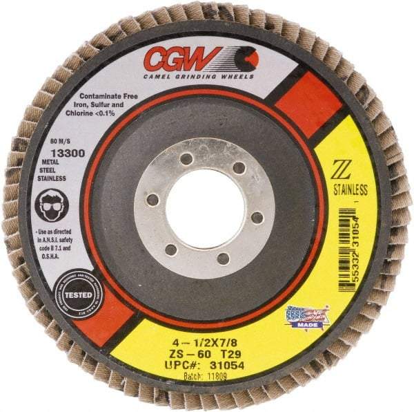 Camel Grinding Wheels - 60 Grit, 4-1/2" Disc Diam, 5/8-11 Center Hole, Type 27 Zirconia Alumina Flap Disc - 13,300 Max RPM, Polyester Backing, Arbor Attaching System, Coated - Exact Tool & Supply