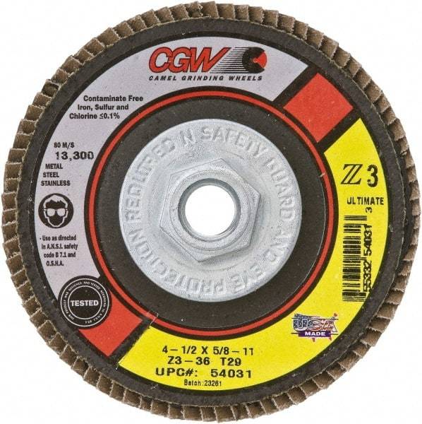Camel Grinding Wheels - 40 Grit, 4-1/2" Disc Diam, 5/8-11 Center Hole, Type 29 Zirconia Alumina Flap Disc - 13,300 Max RPM, Cloth Backing, Arbor Attaching System, Coated - Exact Tool & Supply