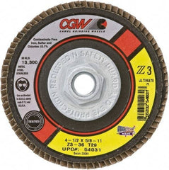 Camel Grinding Wheels - 40 Grit, 4-1/2" Disc Diam, 5/8-11 Center Hole, Type 29 Zirconia Alumina Flap Disc - 13,300 Max RPM, Cloth Backing, Arbor Attaching System, Coated - Exact Tool & Supply