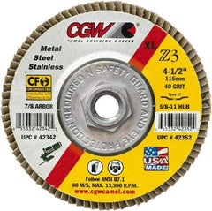 Camel Grinding Wheels - 80 Grit, 6" Disc Diam, 5/8-11 Center Hole, Type 27 Zirconia Alumina Flap Disc - 10,200 Max RPM, Poly Cotton Backing, Arbor Attaching System, Coated - Exact Tool & Supply
