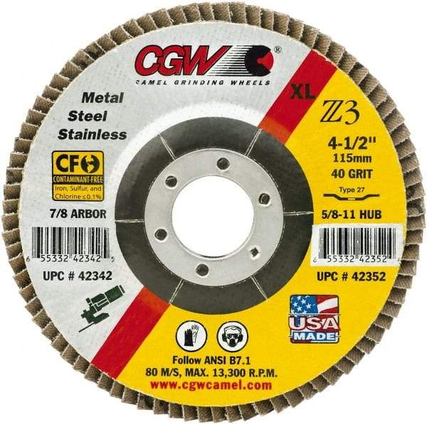Camel Grinding Wheels - 120 Grit, 4" Disc Diam, 3/8-24 Center Hole, Type 27 Zirconia Alumina Flap Disc - 15,300 Max RPM, Poly Cotton Backing, Arbor Attaching System, Coated - Exact Tool & Supply