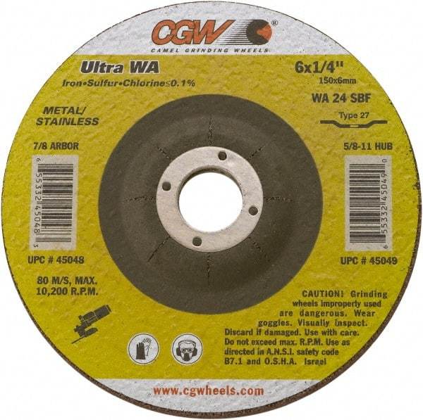 Camel Grinding Wheels - 24 Grit, 6" Wheel Diam, 1/4" Wheel Thickness, 7/8" Arbor Hole, Type 27 Depressed Center Wheel - Coarse Grade, Aluminum Oxide, Resinoid Bond, 10,200 Max RPM - Exact Tool & Supply