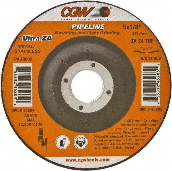 Camel Grinding Wheels - 24 Grit, 4-1/2" Wheel Diam, 1/8" Wheel Thickness, Type 27 Depressed Center Wheel - Coarse Grade, Zirconia Alumina, Resinoid Bond, 13,300 Max RPM - Exact Tool & Supply