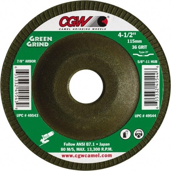 Camel Grinding Wheels - 36 Grit, 5" Wheel Diam, 5/32" Wheel Thickness, 7/8" Arbor Hole, Type 27 Depressed Center Wheel - Medium Grade, Zirconia Alumina, Resinoid Bond, 12,250 Max RPM - Exact Tool & Supply
