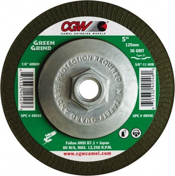Camel Grinding Wheels - 36 Grit, 5" Wheel Diam, 5/32" Wheel Thickness, Type 27 Depressed Center Wheel - Medium Grade, Zirconia Alumina, Resinoid Bond, 12,250 Max RPM - Exact Tool & Supply