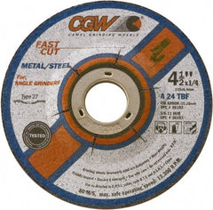 Camel Grinding Wheels - 24 Grit, 4-1/2" Wheel Diam, 1/4" Wheel Thickness, Type 27 Depressed Center Wheel - Coarse Grade, Aluminum Oxide, Resinoid Bond, 13,300 Max RPM - Exact Tool & Supply