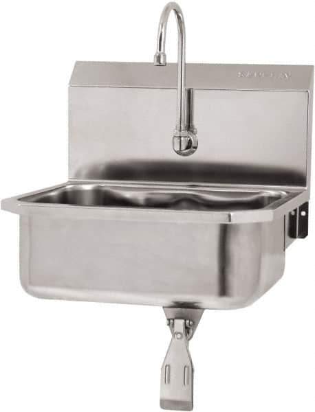 SANI-LAV - 17" Long x 14" Wide Inside, 1 Compartment, Grade 304 Stainless Steel Hand Sink Wall Mount with Knee Valve - 18 Gauge, 19" Long x 18" Wide x 21" High Outside, 7" Deep - Exact Tool & Supply