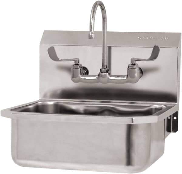 SANI-LAV - 17" Long x 14" Wide Inside, 1 Compartment, Grade 304 Stainless Steel Hand Sink Wall Mount with Manual Faucet - 18 Gauge, 19" Long x 18" Wide x 21" High Outside, 7" Deep - Exact Tool & Supply