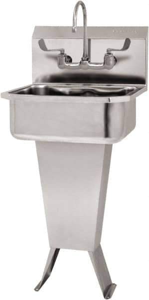 SANI-LAV - 17" Long x 14" Wide Inside, 1 Compartment, Grade 304 Stainless Steel Hand Sink Wall Mount with Manual Faucet - 18 Gauge, 19" Long x 18" Wide x 46" High Outside, 7" Deep - Exact Tool & Supply