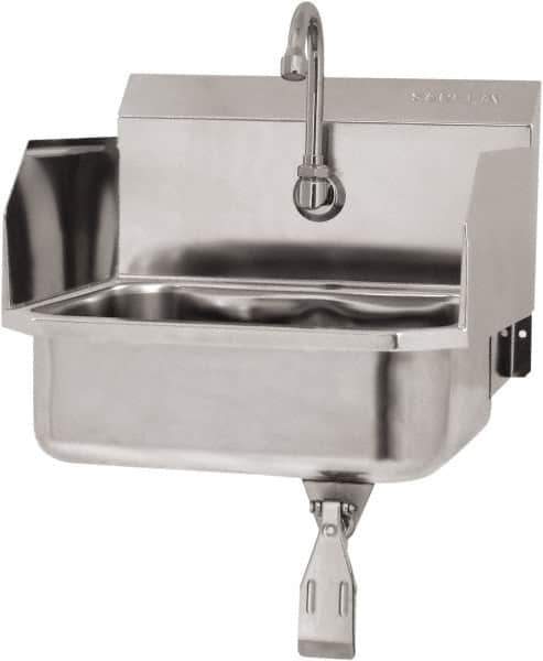 SANI-LAV - 14" Long x 11" Wide Inside, 1 Compartment, Grade 304 Stainless Steel Hand Sink Wall Mount with Single Knee Valve - 18 Gauge, 16" Long x 15-1/4" Wide x 16" High Outside, 5" Deep - Exact Tool & Supply