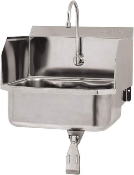 SANI-LAV - 17" Long x 14" Wide Inside, 1 Compartment, Grade 304 Stainless Steel Hand Sink Wall Mount with Single Knee Valve - 18 Gauge, 19" Long x 18" Wide x 21" High Outside, 7" Deep - Exact Tool & Supply