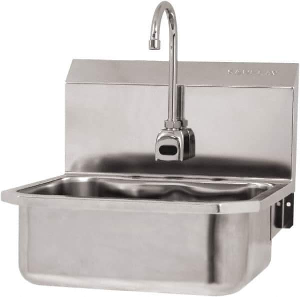 SANI-LAV - 17" Long x 14" Wide Inside, 1 Compartment, Grade 304 Stainless Steel Hand Sink Wall Mount with Electronic Faucet - 18 Gauge, 19" Long x 18" Wide x 21" High Outside, 7" Deep - Exact Tool & Supply