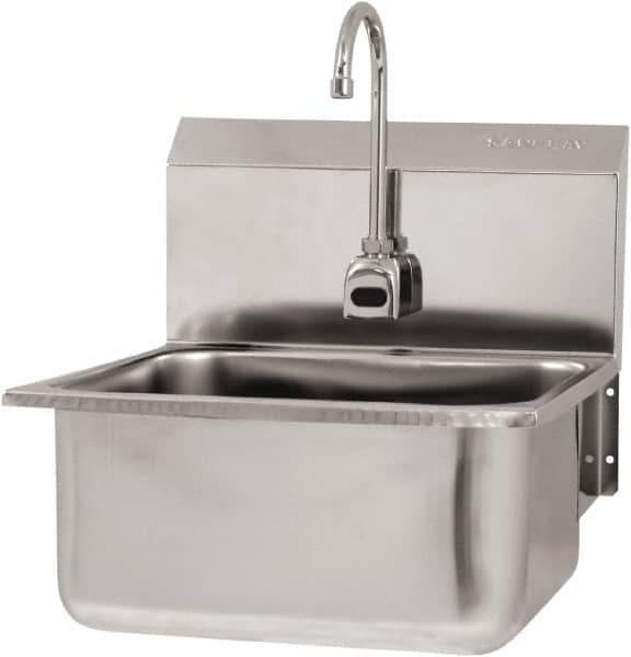 SANI-LAV - 19" Long x 16" Wide Inside, 1 Compartment, Grade 304 Stainless Steel Hand Sink Wall Mount with Electronic Faucet - 18 Gauge, 21" Long x 20" Wide x 24" High Outside, 10" Deep - Exact Tool & Supply