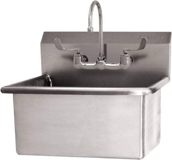 SANI-LAV - 28" Long x 16" Wide Inside, 1 Compartment, Grade 304 Stainless Steel Hand Sink Wall Mount with Manual Faucet - 16 Gauge, 31" Long x 19-1/2" Wide x 24" High Outside, 10-1/2" Deep - Exact Tool & Supply