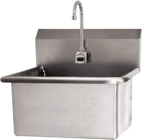 SANI-LAV - 22" Long x 16" Wide Inside, 1 Compartment, Grade 304 Stainless Steel Scrub Sink Wall Mount with Electronic Faucet - 16 Gauge, 25" Long x 19-1/2" Wide x 24" High Outside, 10-1/2" Deep - Exact Tool & Supply