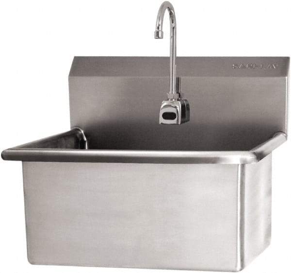 SANI-LAV - 28" Long x 16" Wide Inside, 1 Compartment, Grade 304 Stainless Steel Scrub Sink Wall Mount with Electronic Faucet - 16 Gauge, 31" Long x 19-1/2" Wide x 24" High Outside, 10-1/2" Deep - Exact Tool & Supply