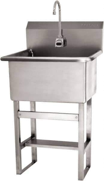 SANI-LAV - 22" Long x 16" Wide Inside, 1 Compartment, Grade 304 Stainless Steel Hand Sink Floor Mount with Electronic Faucet - 16 Gauge, 25" Long x 19-1/2" Wide x 46-1/2" High Outside, 10-1/2" Deep - Exact Tool & Supply