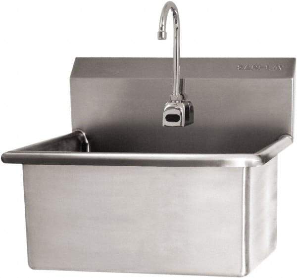 SANI-LAV - 28" Long x 16" Wide Inside, 1 Compartment, Grade 304 Stainless Steel Scrub Sink Wall Mount with Electronic Faucet - 16 Gauge, 31" Long x 19-1/2" Wide x 24" High Outside, 10-1/2" Deep - Exact Tool & Supply
