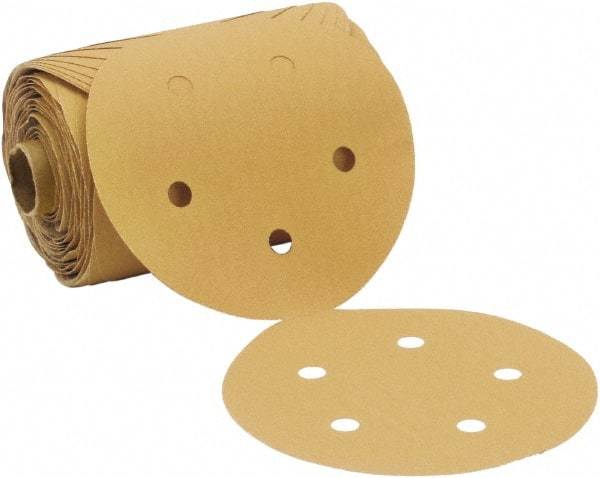 3M - 5" Diam, 320 Grit FEPA, Aluminum Oxide Adhesive PSA Disc - Gold, C Weighted Backing, Flexible, 12,000 Max RPM - Exact Tool & Supply