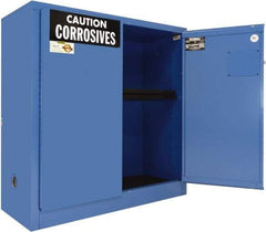 Securall Cabinets - 2 Door, 1 Shelf, Blue Steel Standard Safety Cabinet for Corrosive Chemicals - 44" High x 43" Wide x 18" Deep, Manual Closing Door, 3 Point Key Lock, 30 Gal Capacity - Exact Tool & Supply