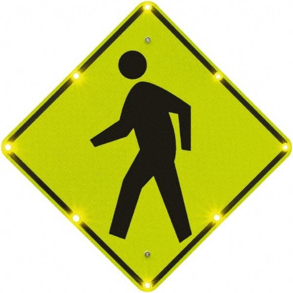TAPCO - "Pedestrian Crossing", 36" Wide x 36" High, Aluminum Pedestrian Crossing Signs - 0.08" Thick, Fluorescent Yellow, Green, Black, Diamond Grade Reflectivity, Diamond, Post Mount - Exact Tool & Supply