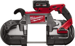Milwaukee Tool - 18 Volt, 44-7/8" Blade, 380 SFPM Cordless Portable Bandsaw - 5" (Round) & 5 x 5" (Rectangle) Cutting Capacity, Lithium-Ion Battery Included - Exact Tool & Supply