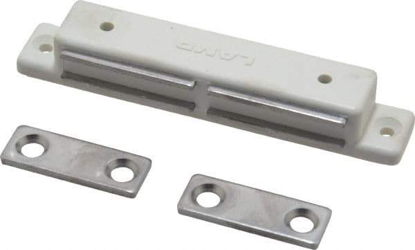 Sugatsune - 3-3/8" Long x 9/16" Wide x 1/2" High, Plastic & Stainless Steel Magentic Catch - White Finish, 10.5 Magnetic Force - Exact Tool & Supply