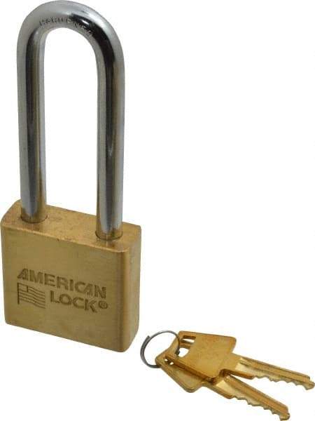 American Lock - 3" Shackle Clearance, Keyed Alike A5572 Padlock - 3/8" Shackle Diam, Steel & Brass, with Solid Extruded Brass Finish - Exact Tool & Supply