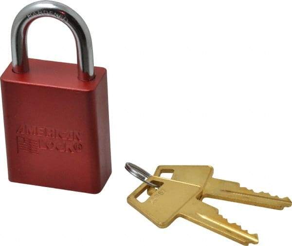 American Lock - Keyed Alike Conductive Lockout Padlock - 1" Shackle Clearance, 1/4" Shackle Diam, 1.8" Body Height x 1-1/2" Body Width, Red, 5 Pins - Exact Tool & Supply