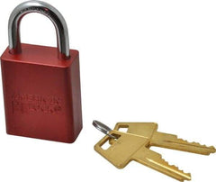 American Lock - Keyed Alike Conductive Lockout Padlock - 1" Shackle Clearance, 1/4" Shackle Diam, 1.8" Body Height x 1-1/2" Body Width, Red, 5 Pins - Exact Tool & Supply