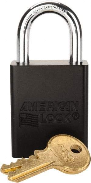 American Lock - Keyed Alike Conductive Lockout Padlock - 1" Shackle Clearance, 1/4" Shackle Diam, 1.8" Body Height x 1-1/2" Body Width, Black, 5 Pins - Exact Tool & Supply