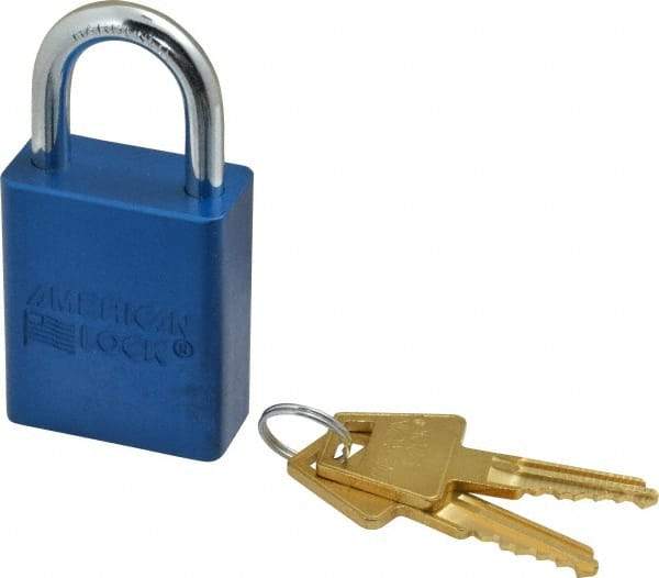 American Lock - Keyed Alike Conductive Lockout Padlock - 1" Shackle Clearance, 1/4" Shackle Diam, 1.8" Body Height x 1-1/2" Body Width, Blue, 5 Pins - Exact Tool & Supply